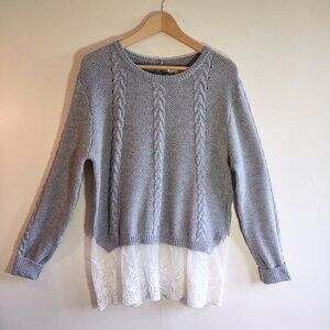 Monteau Los Angeles Cable Knit Sweater w/ Feminine Lace Hem  Size XL